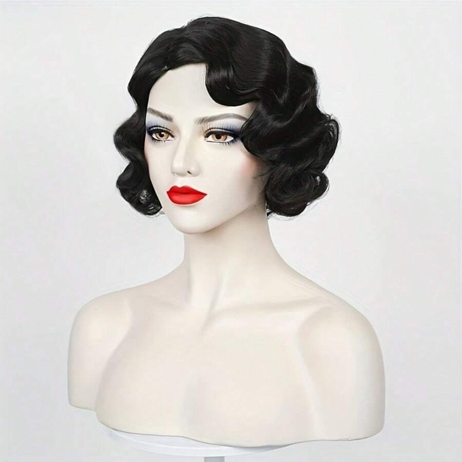 HairJoy 耐热粘胶合成波浪指波假发，1920 年代复古爵士女郎风格，摇滚风短卷发，电影主题玫瑰网帽，适合角色扮演服装