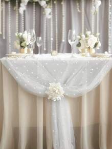 1 pezzo - Runners da tavolo decorati con perle finte, copritavolo da matrimonio in tulle bianco con perle, decorazione per arco da matrimonio, doccia nuziale, decorazione per feste, nastri per sedie, decorazioni per pareti di eventi, Natale, matrimonio. Nuovo tessuto di maglia in nylon con perle cave, decorazioni per feste di San Valentino, raduni familiari, regali, decorazioni per compleanni, addio al nubilato, estate, spiaggia, ritorno a scuola, forniture scolastiche, decorazione della stanza