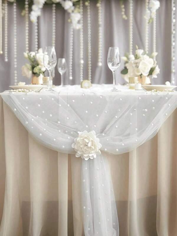 1 pezzo - Runners da tavolo decorati con perle finte, copritavolo da matrimonio in tulle bianco con perle, decorazione per arco da matrimonio, doccia nuziale, decorazione per feste, nastri per sedie, decorazioni per pareti di eventi, Natale, matrimonio. Nuovo tessuto di maglia in nylon con perle cave, decorazioni per feste di San Valentino, raduni familiari, regali, decorazioni per compleanni, addio al nubilato, estate, spiaggia, ritorno a scuola, forniture scolastiche, decorazione della stanza