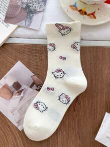 Sanrio 1Pair Sanrio Hello Kitty Mid-Calf Crew Summer Socks Women Socks Flounced Hem Seamless Toe & Breathable Ribbed Texture - Spring/Summer Collegiate Style Socks For School Outfits, Cute Gift With Greeting Card For Birthdays/Valentine's Day