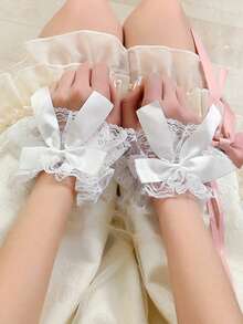 1 Pair Sweet Lace Bow Arm Sleeves For Women, Lolita Costume Accessories, Photo Shoot Wrist Decor, Cute For Dresses, Skirts, Fashionable Short Flared Cuff - Multicolor - View 3