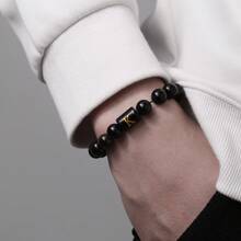 1pc Natural Black Agate 26 Letter Beaded Adjustable Braided Bracelet, Suitable For Various Occasions Like Festivals, Sports, Casual, Business Wear