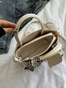 1 件时尚简约扣式 PU 挎包单肩托特包手提包配围巾，适合日常使用 - 白色 - 查看 9