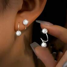 A Pair Of Luxurious Screw Ball Stud Earrings Set With Rhinestone, Elegant Stainless Steel Earrings, Ideal For Daily Wear And As Gifts On Special Occasions - Silver - View 2