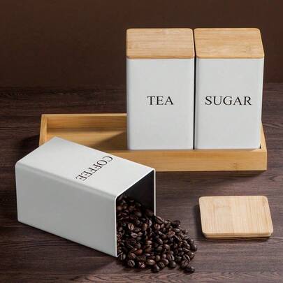 shoxil Bộ 3 hộp đựng trà cà phê đường cho mặt bếp, hộp kim loại có nắp đậy bằng tre kín khí, lọ đựng trà đường cà phê, bộ hộp đựng trà đường cà phê, hộp đựng vuông đựng thực phẩm trong bếp