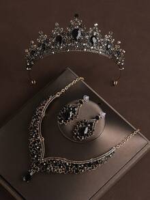 4 件黑色新娘首饰套装：皇冠、项链、耳环、优雅婚礼和派对配饰 - 黑色 - 查看 3