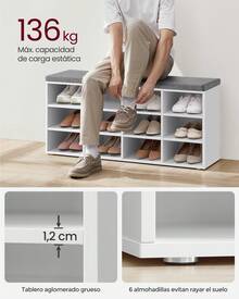 Banco Zapatero, Mueble Zapatero, Banco Recibidor con 12/15/4 Compartimentos y Asiento Acolchado, 30,3 x 104 x 48 cm/30 x 105 x 48 cm/30,5 x 59,6 x 48 cm, Entrada, Dormitorio, Sala de Estar, Blanco y Gris - Gris - Ver 2