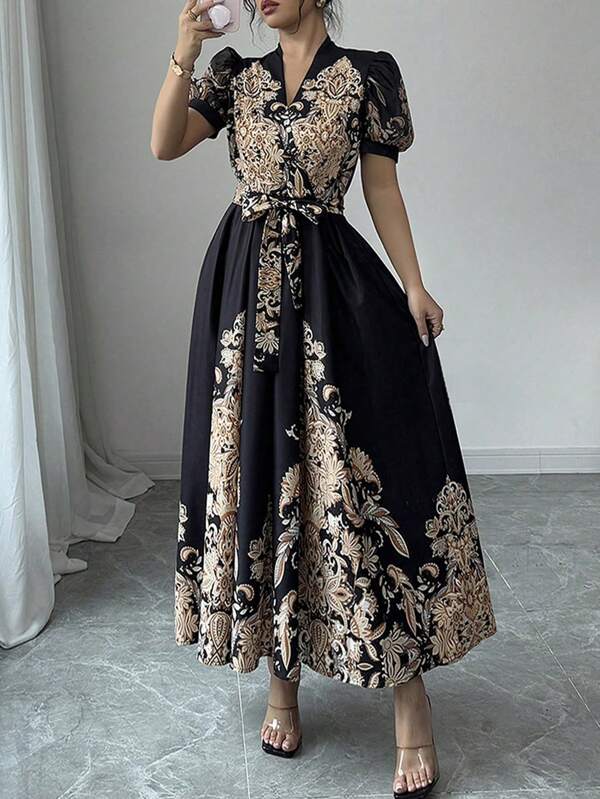 1pc Patchwork Floral & Plant Graphic Elegant Bohemian Crossed Waistband Slit Dress