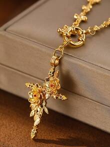 1pc Vintage Luxury Women's Rose Cross Pendant Necklace With Inlaid Colorful Cubic Zirconia, High-End Jewelry, Wedding Anniversary Gift, Suitable For Formal Events, Comes In Velvet Pouch Packaging - Gold - View 5