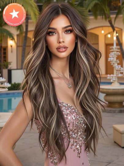 Peluca sintética resistente al calor de 26 pulgadas con cabello largo y rizado, con mechas rubias y flecos con forma de ocho, perfecta para fiestas, vacaciones y uso diario