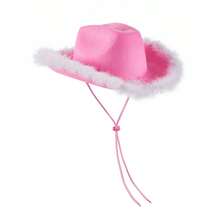 Womens Cowboy Hat, Adult Solid Color Furry Trim Wide Brim Hat Female Cap For Dating Party - Pink and White Feathers - View 7