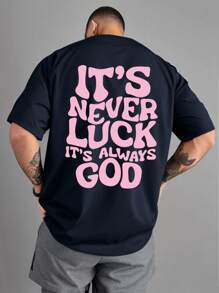 Men's Outdoor Sports Vintage "IT'S NEVER LUCK IT'S ALWAYS GOD" Graphic Tee, Suitable For Hiking, Fishing, Casual Daily Wear, Spring/Summer