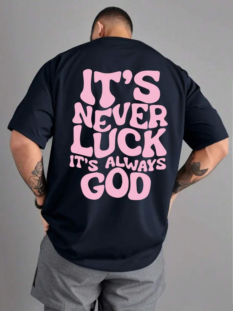 Men's Outdoor Sports Vintage "IT'S NEVER LUCK IT'S ALWAYS GOD" Graphic Tee, Suitable For Hiking, Fishing, Casual Daily Wear, Spring/Summer