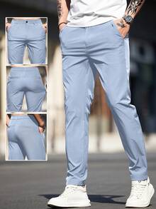 Men's Solid Color Slant Pocket Casual Slim Fit Pants, Suitable For Daily Commute - Baby Blue - View 1