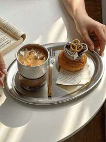 1pc Minimalist Stainless Steel Oval Tray, Serving Platter For Bread, Desserts, Coffee Cups In Cafe