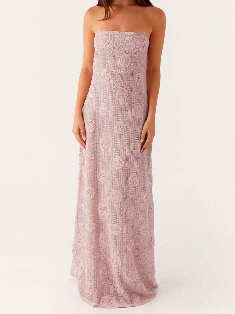 Women Long Dress 3D Flower Tube Dress Summer Fashion Backless Casual Strapless Dress - Hồng - Xem 1