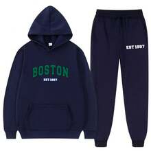 Conjunto de sudadera con capucha para hombre Boston Est 1997, chándal deportivo de poliéster con bolsillos, sudadera con capucha informal de punto holgado de otoño/invierno con estampado y pantalones de chándal, conjunto de salón de punto holgado de manga larga - Azul Marino - Ver 2