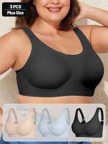 3PCS EssElegance Plus Size Push-Up Seamless Bra - Adjustable Straps & Wire-Free Support For Daily Wear, Ultra-Soft Breathable Fabric - Multicolor - View 2