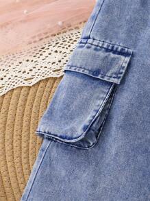 2 piezas Conjunto de niña elegante y de moda en denim, suave, transpirable y cómodo, con decoración de moño en top de tirantes sólido y pantalones clásicos de mezclilla azul, apto para vacaciones, fiestas, uso casual y diario