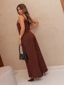 Women's Jumpsuit With Suspenders And Side Pockets, Casual Solid Color Jumpsuit, Elegant Jumpsuit, Tailored Women's Jumpsuit, Women's Suit Pants, Elegant Women's Jumpsuit - 鏽棕色 - 查看 2