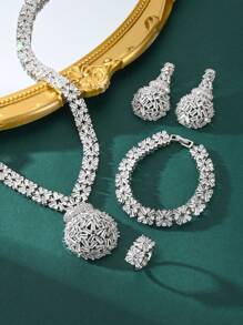 Saudi Arabia Middle East Dubai Luxury Bridal Jewelry Set, Cubic Zirconia Necklace Earrings 4 Piece Evening Jewelry Suit For Women, Wedding And Party
