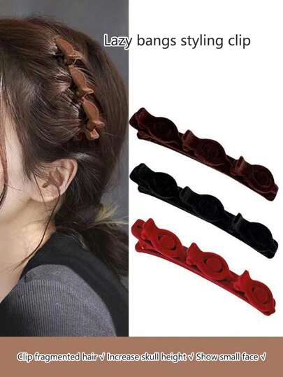 2pcs Princess Flocked Braided Hair Clips, Women Front Bang/Side Bangs Puff Clips, Hair Accessories, School Stuff