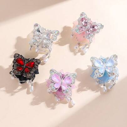 2 Pieces Of Butterfly And Flower Belt Drill Chain, Can Wear Straight Hole Beads, Suitable For DIY Mobile Phone Chain, Key Chain, Car Pendant, Bag Chain And Other Handicrafts Accessories