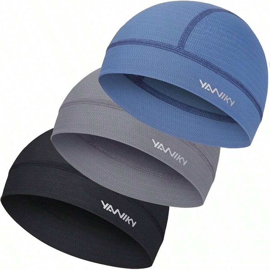 Skull Cap Helmet Liners Men- Soft Elastic Cycling Cap Motorcycle Skull Cap Beanie Wicking Cap Running Hats - Black+grey+blue - 查看 1