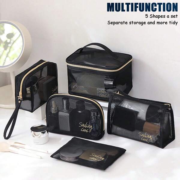 Set de 5 Bolsas cosméticas de malla de moda, bolsa de almacenamiento transpirable negra, monedero, neceser, bolsa de maquillaje, bolsa de cuidado de la piel, bolsa de aseo, cubos de embalaje, esenciales de viaje, esenciales de crucero, esenciales de dormitorio, regalos de dama de honor, regalos para mamá, regalos de cumpleaños, regalos para amigos y maestros, decoración del hogar, decoración del baño, sala de estar y dormitorio, organizador de baño, organizador de joyas, organizador de aceites de labios, organizador de esmalte de uñas, bolsa de maquillaje, almacenamiento de maquillaje, organizador de maquillaje, estuche de maquillaje, organizador de artículos de tocador de viaje, regalos de almacenamiento esenciales transparentes, accesorios con cremallera