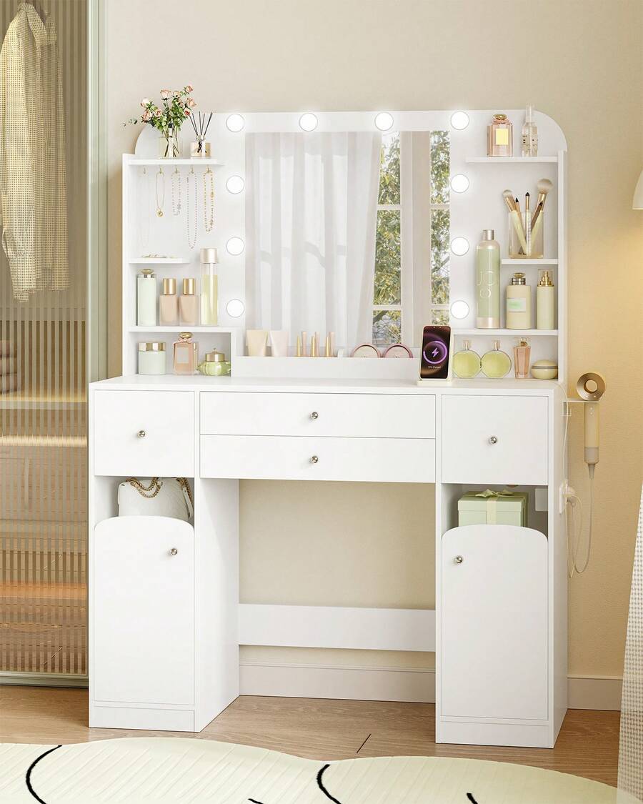 Dressing Table With Mirror, Vanity Table With Adjustable Brightness, Power Strip, 4 Drawers And 2 Open Cabinets, 5 Jewelry Hooks, Open Compartments, White - White - View 1