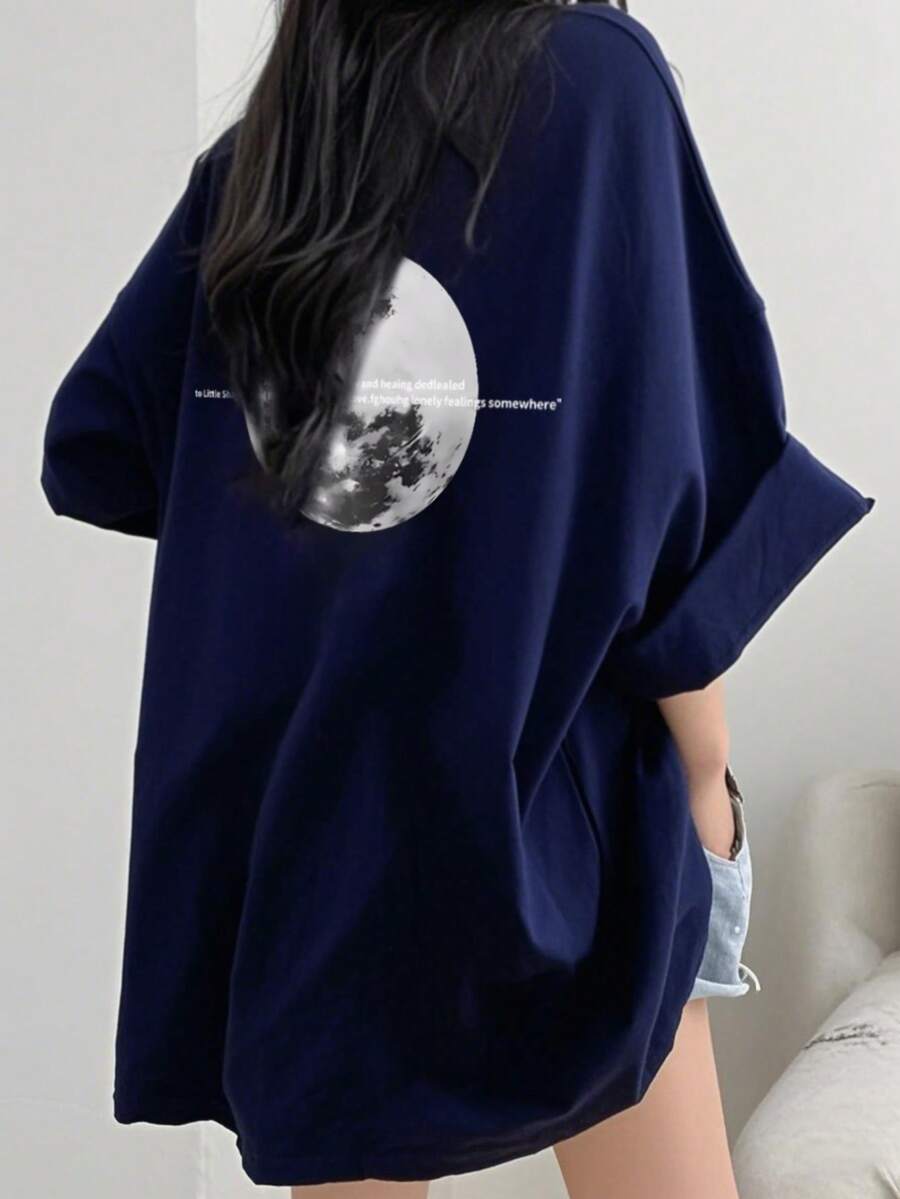 日本风格女士宽松休闲百搭印花短袖T恤 - 藏蓝色 - 查看 1