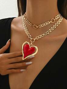 1 件新款创意心形拼布时尚百搭个性化多层链条项链，欧美风格 - 彩色 - 查看 3