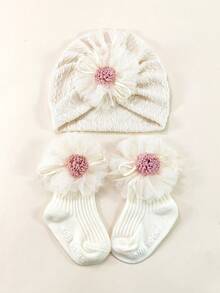 0-6个月婴儿四季花朵弹性头带帽子和袜子套装，新生儿无檐便帽礼盒，婴幼儿头饰配饰套装