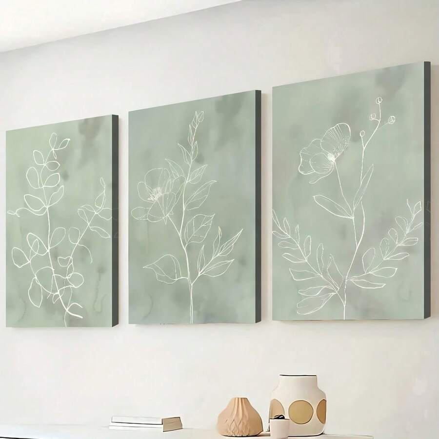 3 piezas de impresión 2D/plana, pintura en lienzo enmarcada y póster, listos para colgar, arte minimalista de planta natural verde, decoración del hogar, arte de pared, decoración de habitación, impresión HD, regalo de vacaciones, sala de estar, dormitorio, comedor, decoración de oficina con imagen colgante, 2D plano - Multicolor - Ver 1