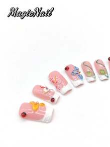 10 Pieces Of Pure Hand-Pressed Wearable Nails, Press On Nails,25mm-Length Nail Pieces, Flesh-Colored White Contrasting, Multiple Hand-Pinched Raised Petals To Draw A Variety Of Different Styles Of Flowers, Yellow, Green, Pink, Blue, Etc., Raised Green Leaf Shape, Multiple Raised Ladybug Shape, Beetle.
