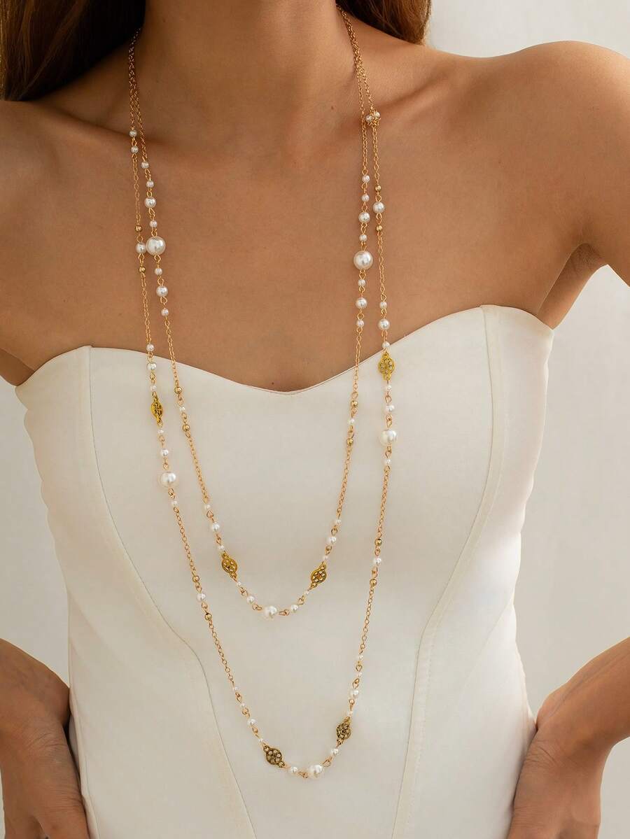 2pcs/Set Fashion Faux Pearl Chain Necklaces, Elegant Versatile Jewelry Pendant, Women Party Accessories Gift