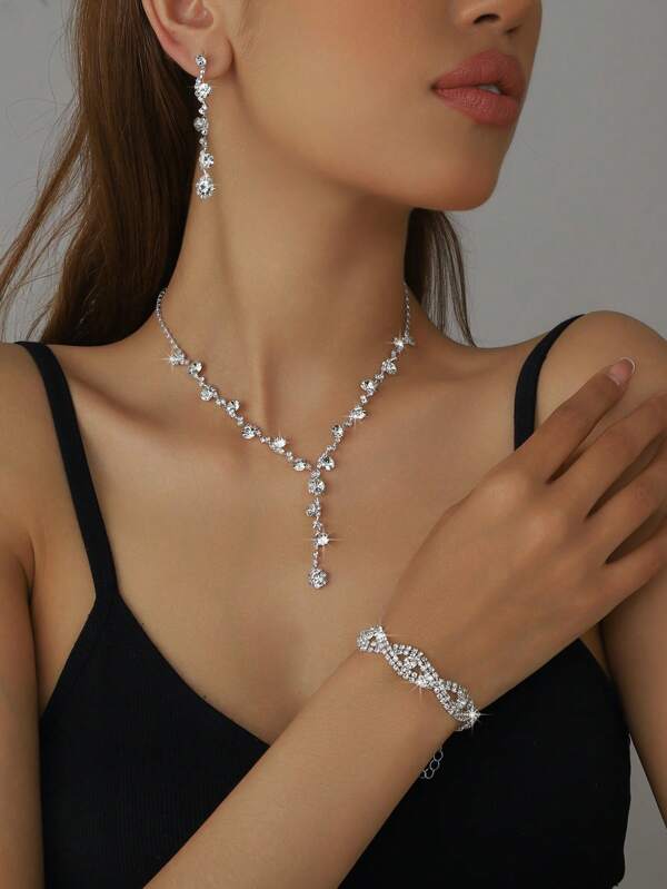 4Pcs Set Full Rhinestone Necklace, Earrings, Bracelet Elegant Fashion Jewelry Set | Gift For Campus Couples, Brides, Wedding Parties, Daily Commute | Exquisite Versatile High-End Accessories