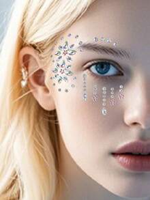 2pcs Rhinestone Studded Eye Makeup Sticker And Tweezers, Shiny Faux Rhinestone 3D Face Jewel Sticker, Suitable For All Seasons, Music Festival, Cosplay, Party, Photography, Daily Accessory (ABS Resin) Halloween - Multicolor - View 3