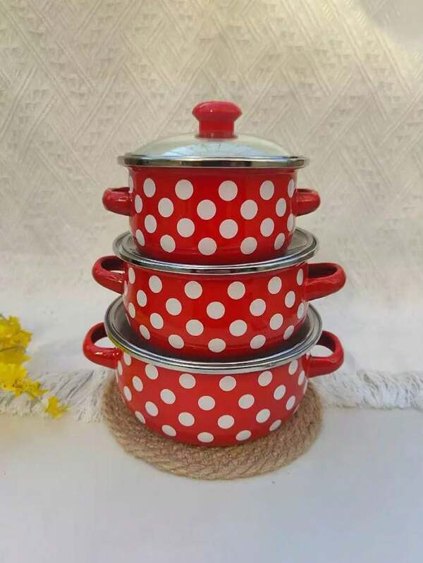 Juego de 3 piezas de utensilios de cocina esmaltados, olla cacerola esmaltada de doble oreja gruesa de uso múltiple para cocina de gas/inducción, incluye olla con tapa para sopa, olla pequeña y tazón esmaltado con lindo diseño de dibujos animados