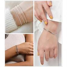 6pcs Simple Stainless Steel Chain Bracelet Set, Universal Daily Versatile Vacation Date Gift Casual Matching For Men And Women - Silver - View 4