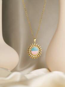 1 peça de colar de luxo em aço inoxidável banhado a ouro 18K com pingente de sol, sol, pedra branca incrustada, olho de tigre, hipoalergênico, adequado para namoradas, uso diário, deslocamento, atividades ao ar livre