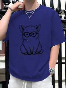 Quirky Cat With Glasses Sketch 180g Pure Cotton Men's T-Shirt,Comfort Fit, Homme Street Life  Graphic Tee, Daily Wear,Summer Top,School, Streetwear, Casual, Fashionable - 藍色 - 查看 1
