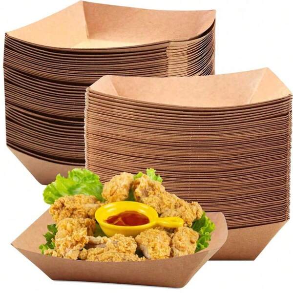 Set de 50 bandejas de papel kraft marrón para porciones pequeñas de comida para llevar, apropiadas para fiestas, reuniones, festivales y diversos aperitivos como papas fritas, pollo frito, tortas de maíz