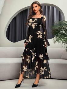 Women's Elegant Sexy Long Sleeve Y2K Romantic Pleated Two-Layer Long Sleeve Abstract Leopard Print Dress