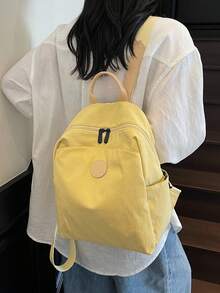 1pc Plain Fabric Double Washed Nylon Lightweight Large Capacity Travel Backpack, Simple And Portable School Backpack For College Students - Yellow - View 4