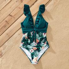 PP Family Matching Plant Print Ruffle Trim Spliced One-Piece Swimsuit Or Swim Trunks - màu xanh lá - Xem 6
