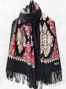 1 pièce Écharpe de femme en imitation cachemire brodée pour l'automne et l'hiver, épaissie et chaude, avec des glands, châle de voyage et cape style bohème brodé