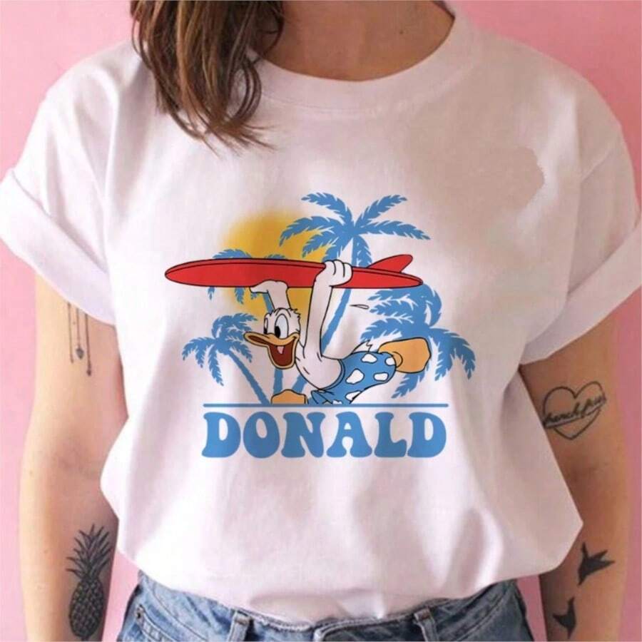 First Coffee LILO STITCH CARTOON T-Shirt Summer Women's T-Shirt Black O Neck Casual T-Shirt Loose Girls Kids Summer Top - 白色 - 查看 1