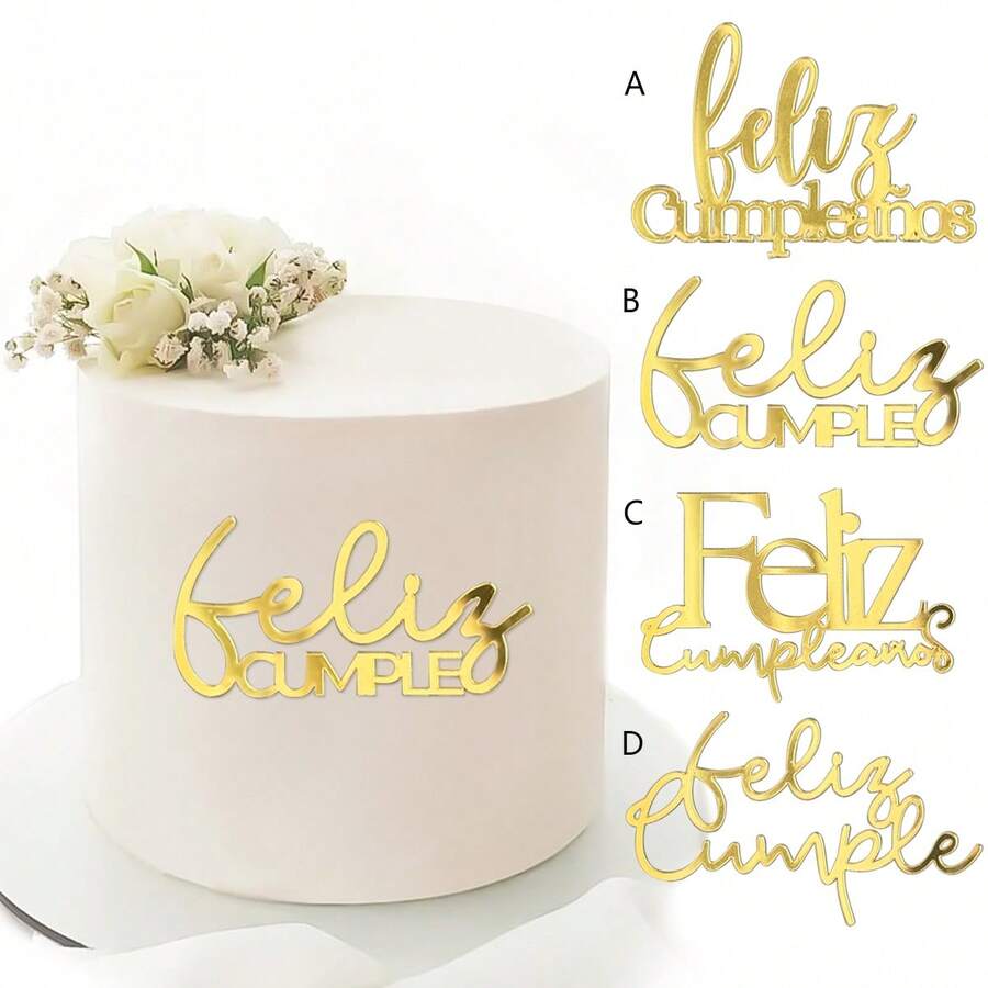 1/3/6pcs Gold Acrylic Spanish Happy Birthday Cake Toppers, Suitable For Birthday Party Cake & Dessert Decorations - Gold - View 1