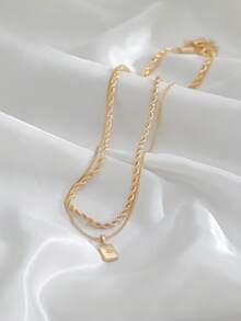 Nooxian 2pcs/Set Twisted Double-Layer Copper Micro-Inlaid Zirconia Star Rectangular Pendant Necklace (No Gift Box) - Yellow Gold - View 7